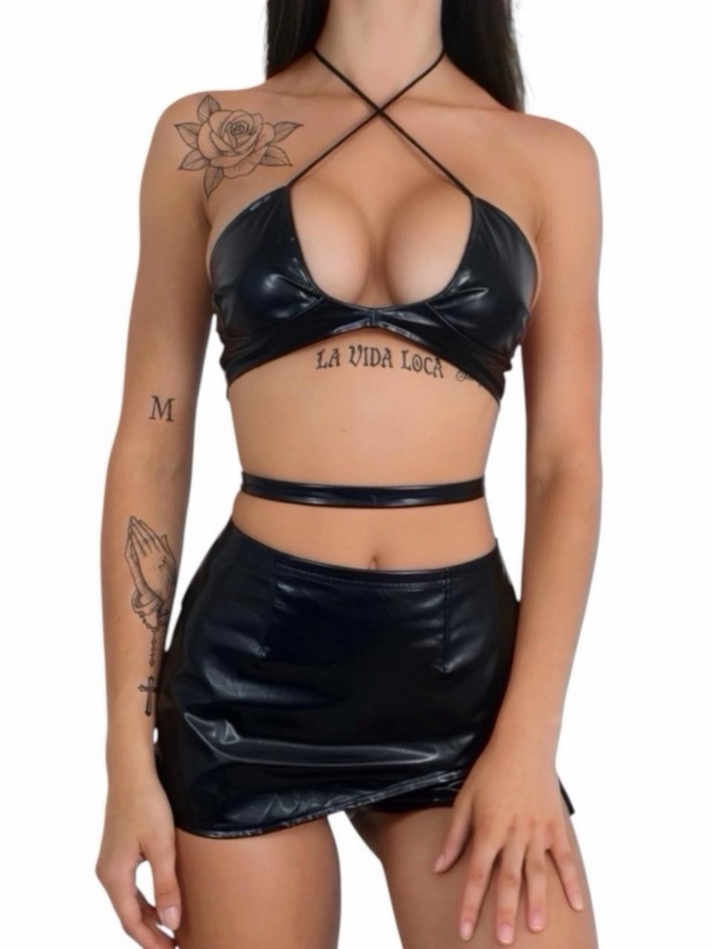 GrlFriday Shop Black Faux Leather Vixen 2 Piece Skirt Set